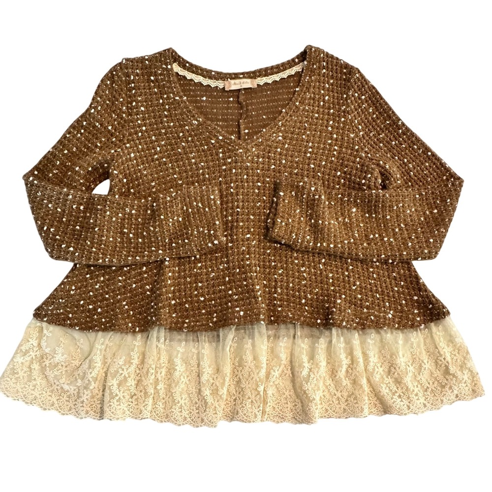 Altar'd State Womens Small Brown Popcorn Knit Floral Lace Hem V-Neck Sweater Top